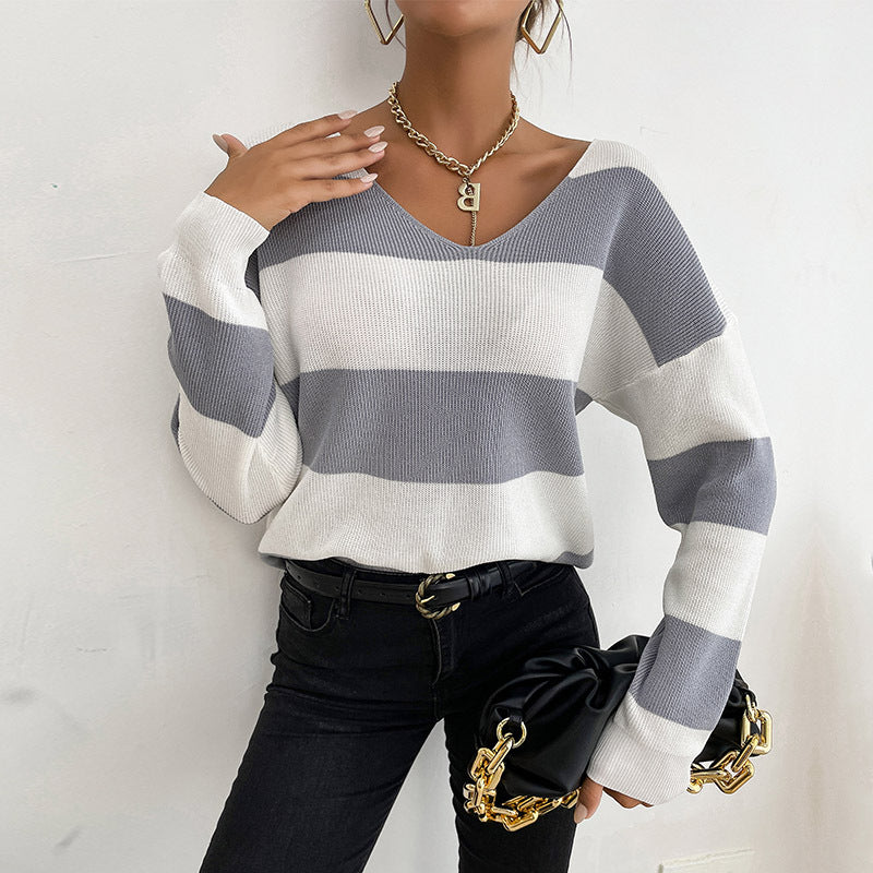 Damen lässiger Strickpullover mit V-Ausschnitt und Blockstreifen Drune