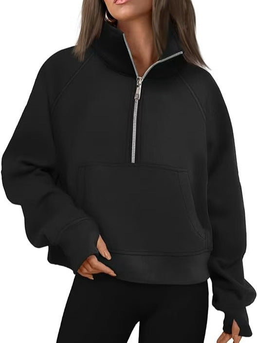 Damen nan oversized Sweatshirt mit halbem Reißverschluss Kängurutasche und Daumenlöchern Drune