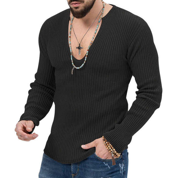 Herren Langarm-Rippenpullover mit tiefem V-Ausschnitt und modernem Schnitt Drune