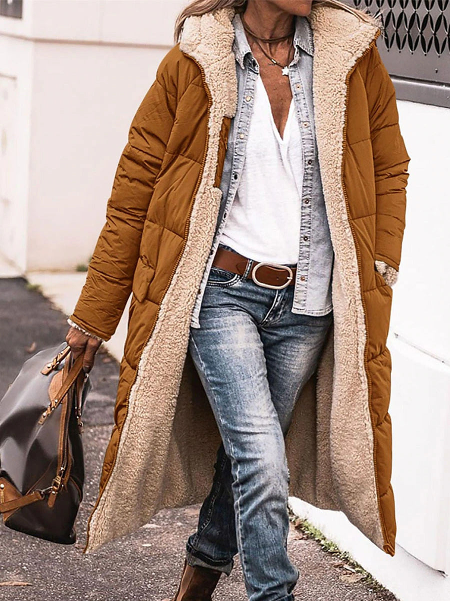 Damen Lange Steppjacke mit kuscheligem Innenfutter und Kapuze Drune