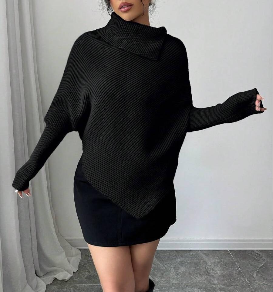 Damen Oversized Strickpullover mit asymmetrischem Saum und hohem Kragen Drune