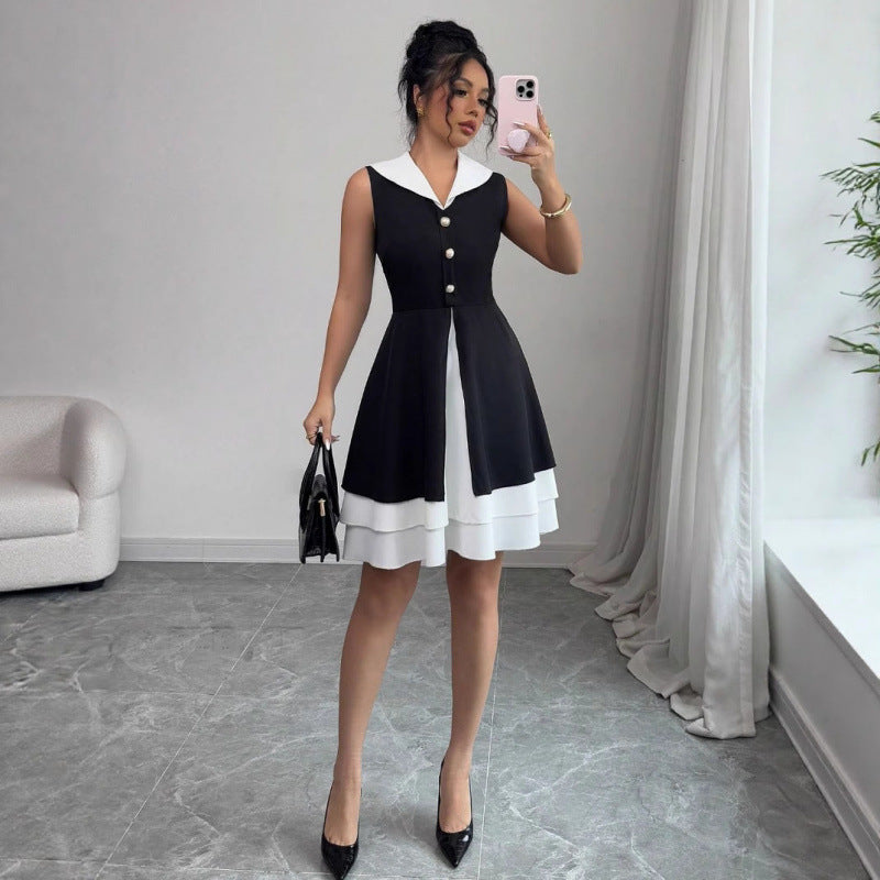 Damen Sommerkleid mit modischem Kragen und Knopfdetails Drune
