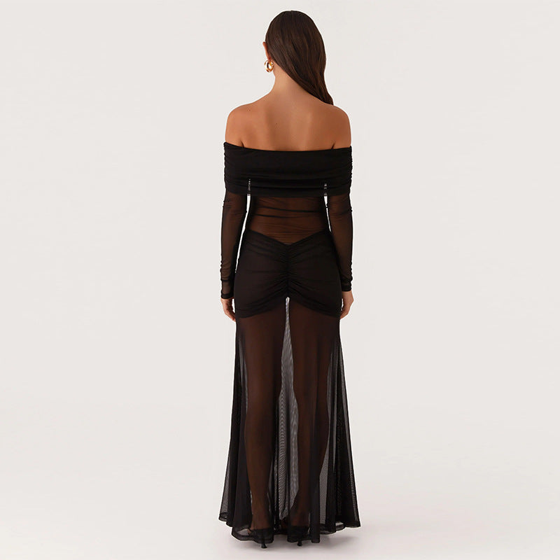 Damen durchsichtiges Maxikleid mit schulterfreiem Design und Rüschungen Drune