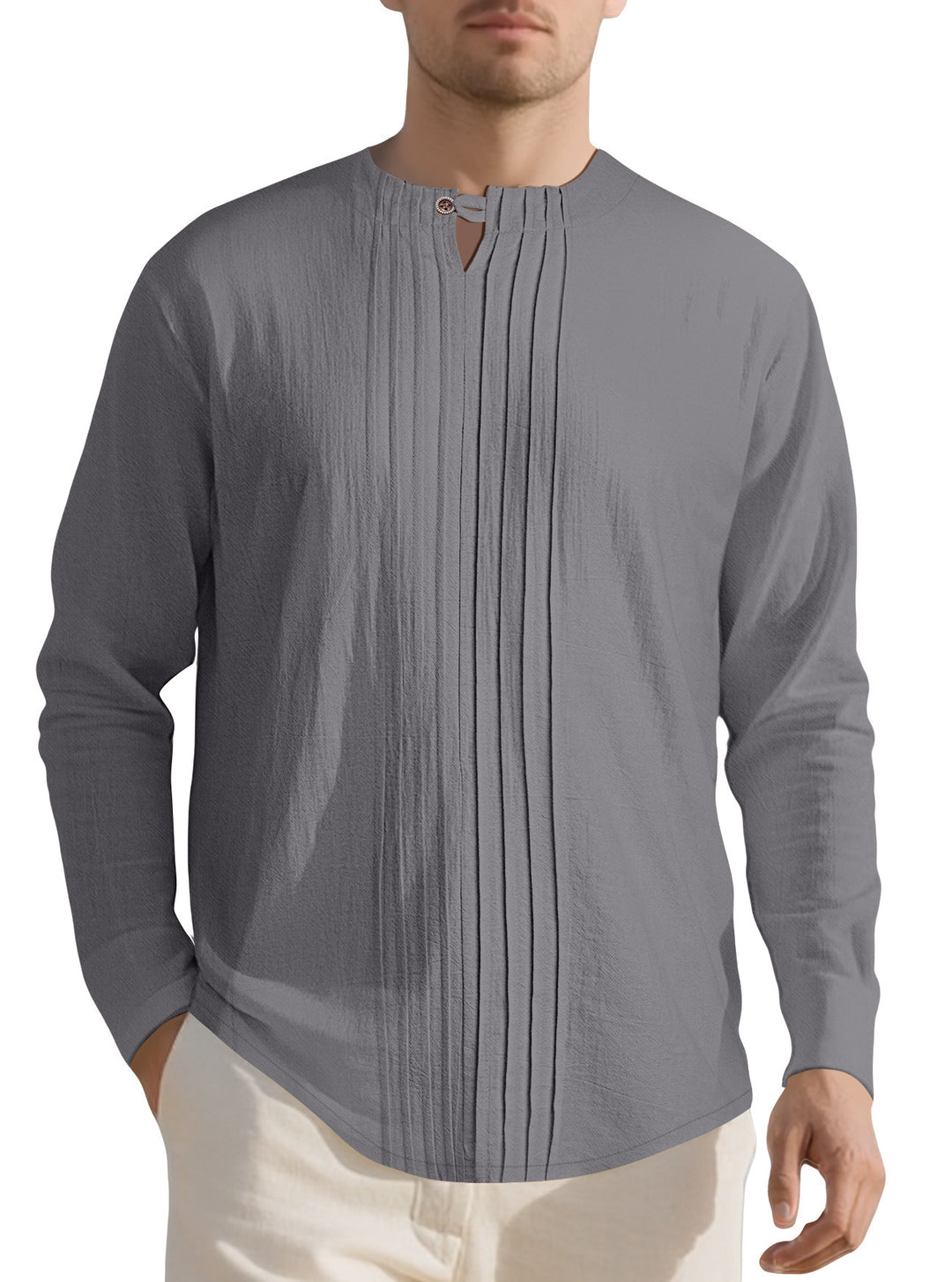 Herren Langarmshirt mit modischem Henley-Ausschnitt und Faltenstruktur Drune