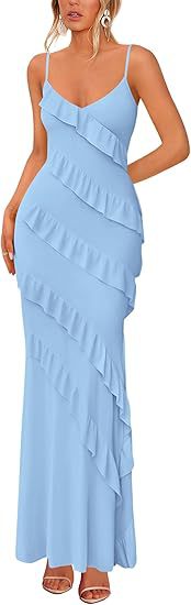 Damen Maxikleid mit Rüschen und Spaghettiträgern Drune