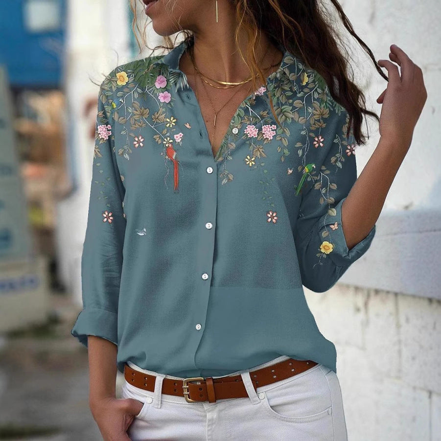 Damen nan leichte Chiffonbluse mit floralem Vogelprint, Knopfleiste und lässigem Schnitt Drune