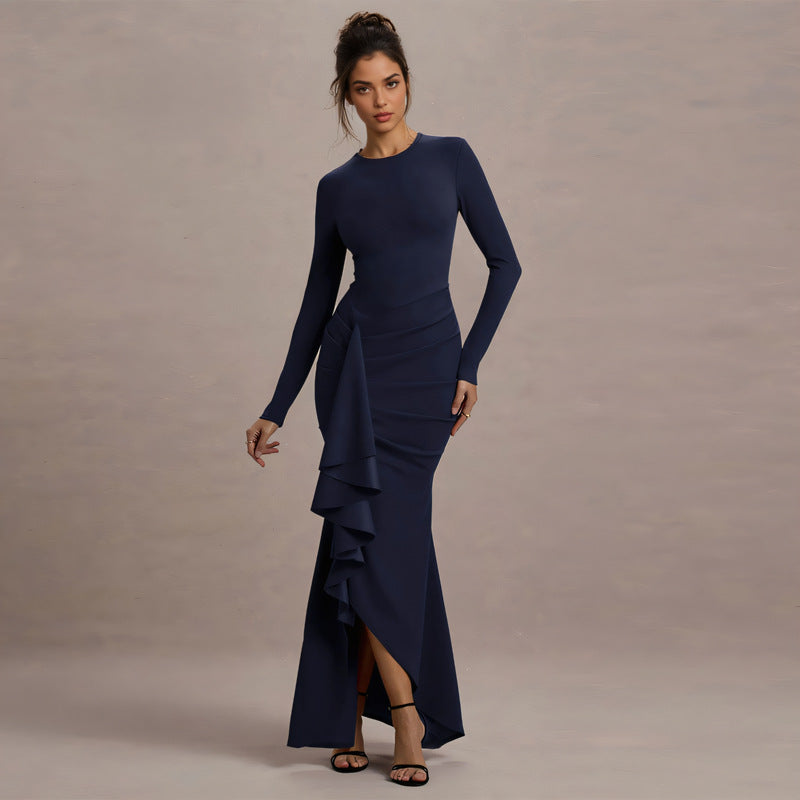 Damen elegantes Maxikleid mit asymmetrischem Rüscheneinsatz und langer Silhouette Drune