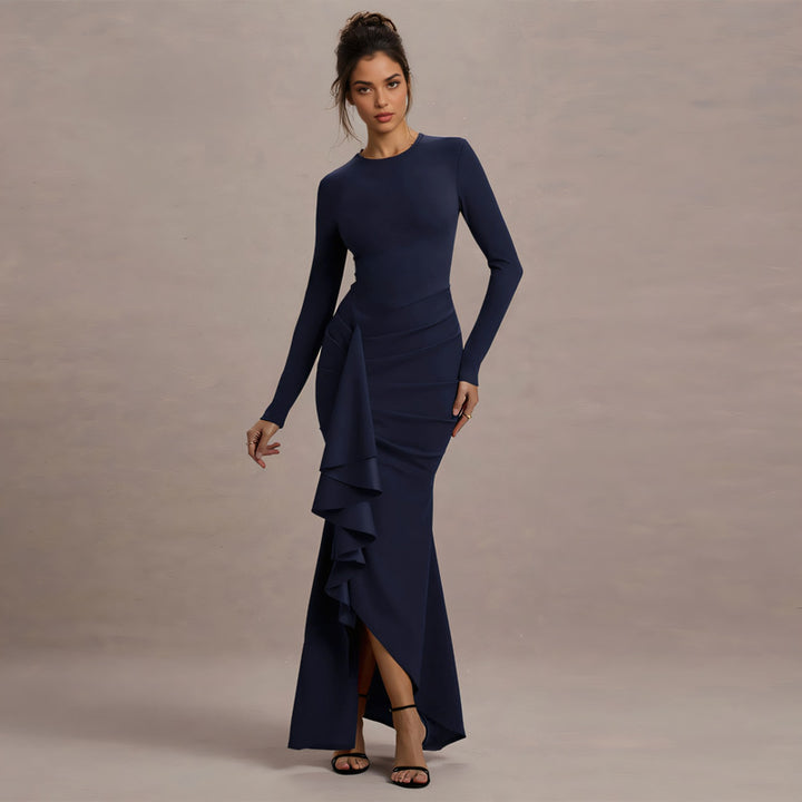 Damen elegantes Maxikleid mit asymmetrischem Rüscheneinsatz und langer Silhouette Drune