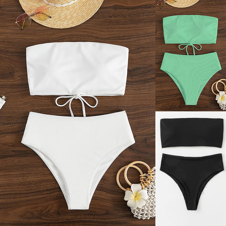 Damen Bandeau-Bikini-Set mit hohem Taillenbund und strukturiertem Stoff Drune
