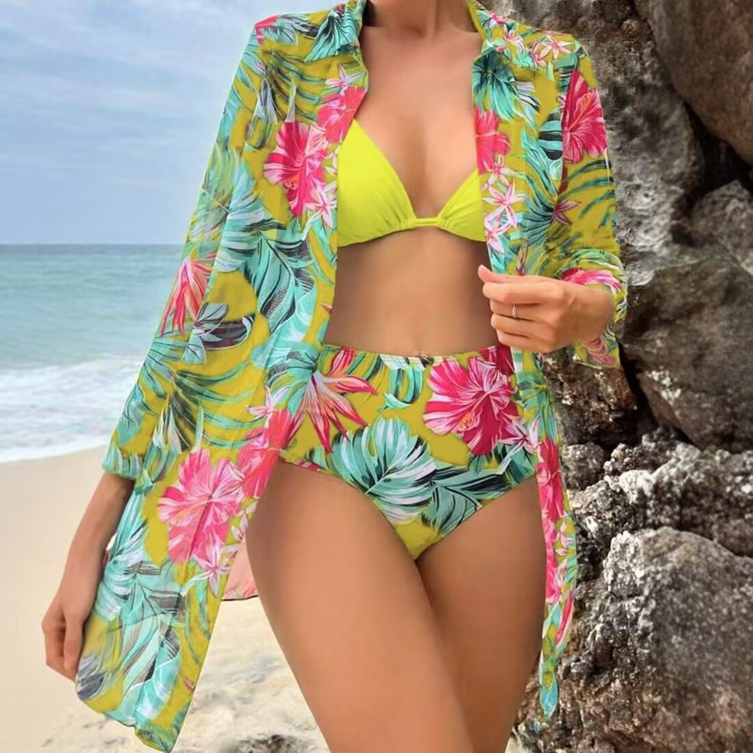 Damen Bikiniset mit floralem Muster und transparenter Strandüberwurf Drune