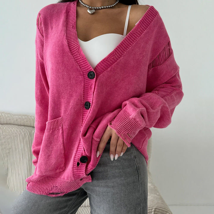 Damen lässige Strickjacke mit modischem V-Ausschnitt und kreativen Cut-Out-Details Drune