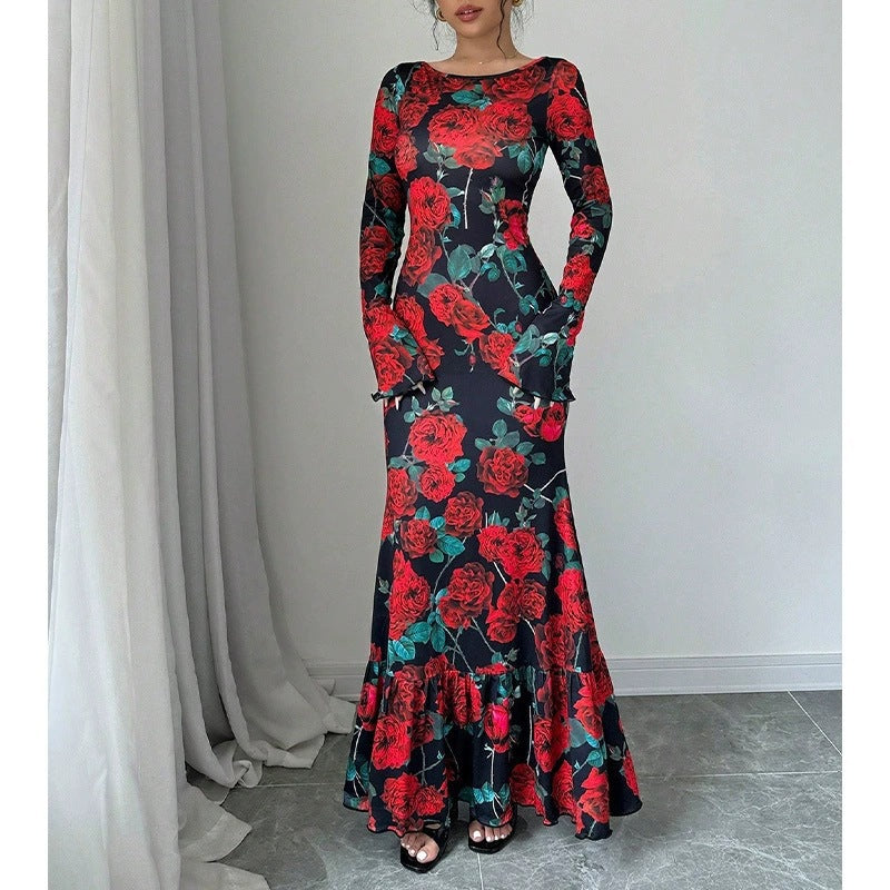 Damen Elegantes Maxikleid mit floralen Rüschendetails und langem Arm Drune