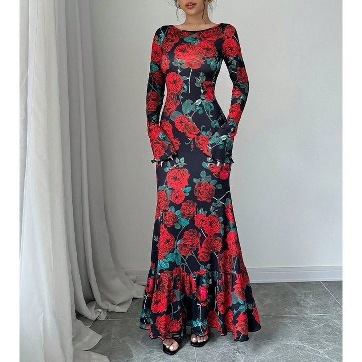 Damen Elegantes Maxikleid mit floralen Rüschendetails und langem Arm Drune