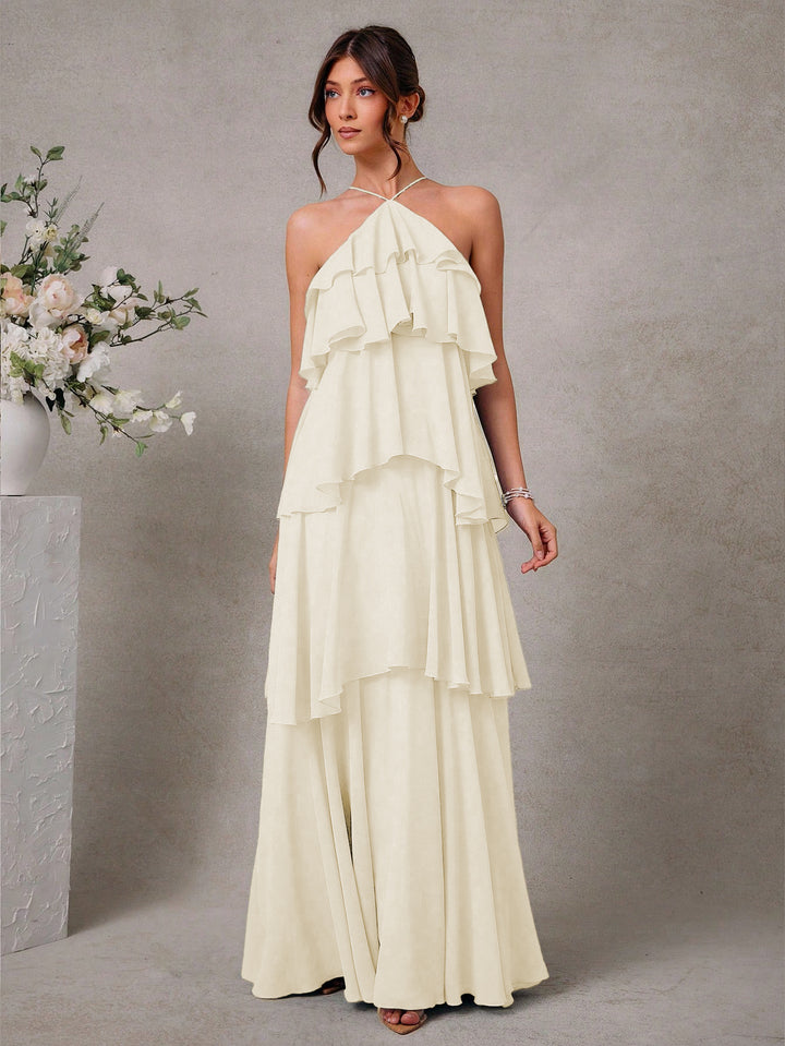 Damen Maxikleid mit voluminösen Rüschendetails und elegantem V-Ausschnitt Drune