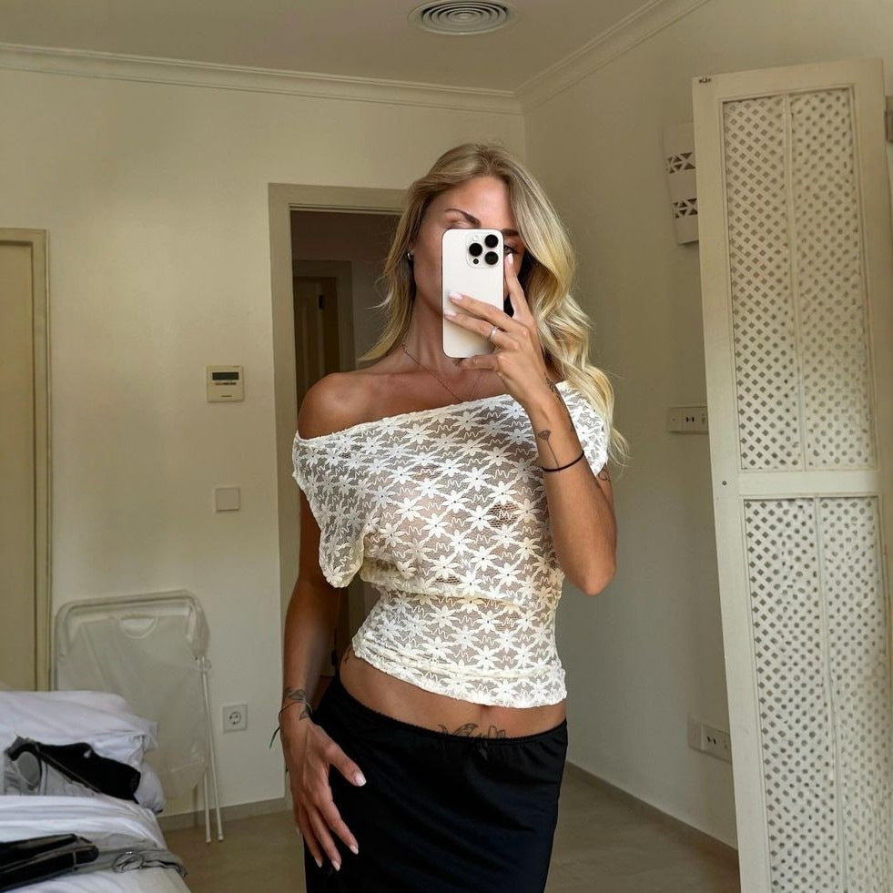 Damen Off-Shoulder Spitzenoberteil mit floralem Design Drune