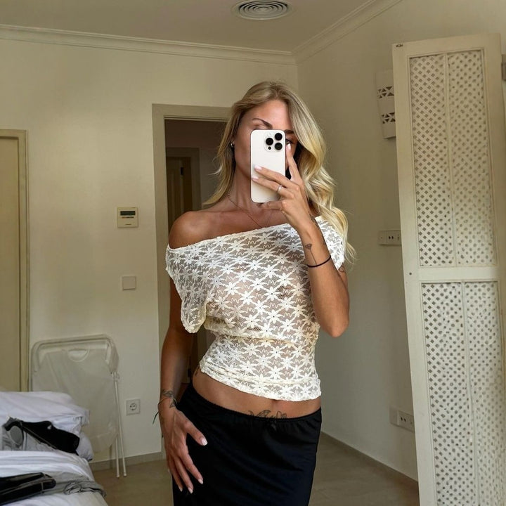 Damen Off-Shoulder Spitzenoberteil mit floralem Design Drune