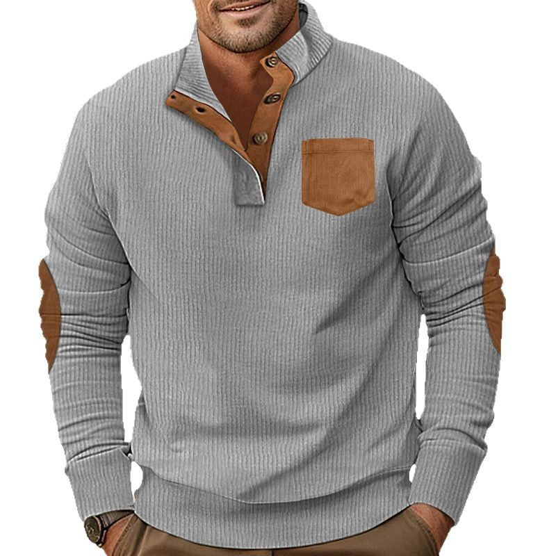 Herren nan strukturiertes Halbknopf-Troyer mit Kentkragen, Brusttasche und Lederoptik-Ellbogenpatches Drune