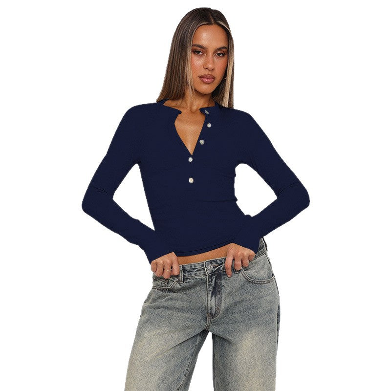 Damen Langarmshirt mit Knopfleiste und figurbetontem Schnitt Drune