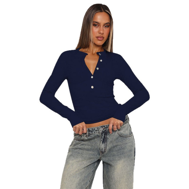 Damen Langarmshirt mit Knopfleiste und figurbetontem Schnitt Drune