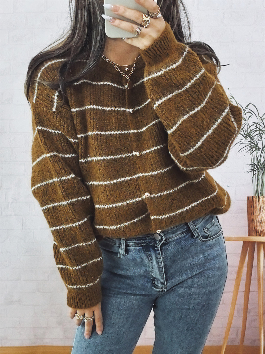 Damen gemütlicher Strickcardigan mit dekorativen Knöpfen und feinem Streifenmuster Drune