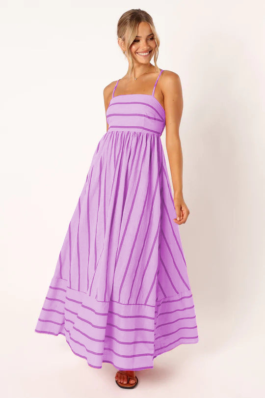 Damen Maxi-Kleid mit schmalen Spaghettiträgern und eleganten Querstreifen Drune