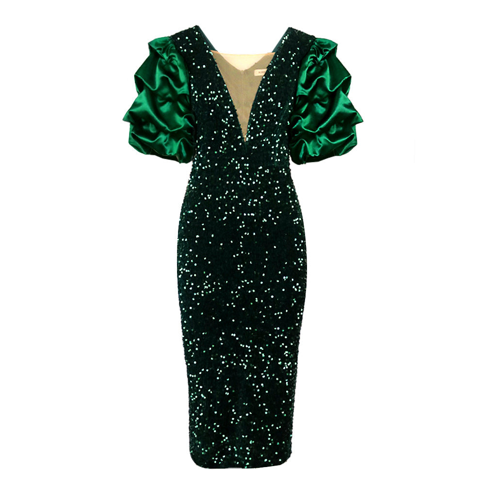 Damen Glamouröses Partykleid mit funkelnden Pailletten und voluminösen Ärmel Drune