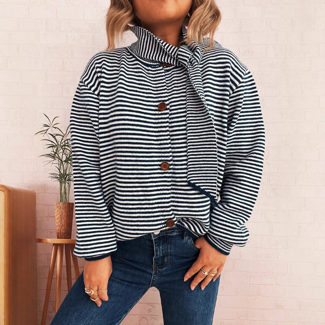 Damen gestreifter Strickcardigan mit hohem Kragen und dekorativen Knöpfen Drune