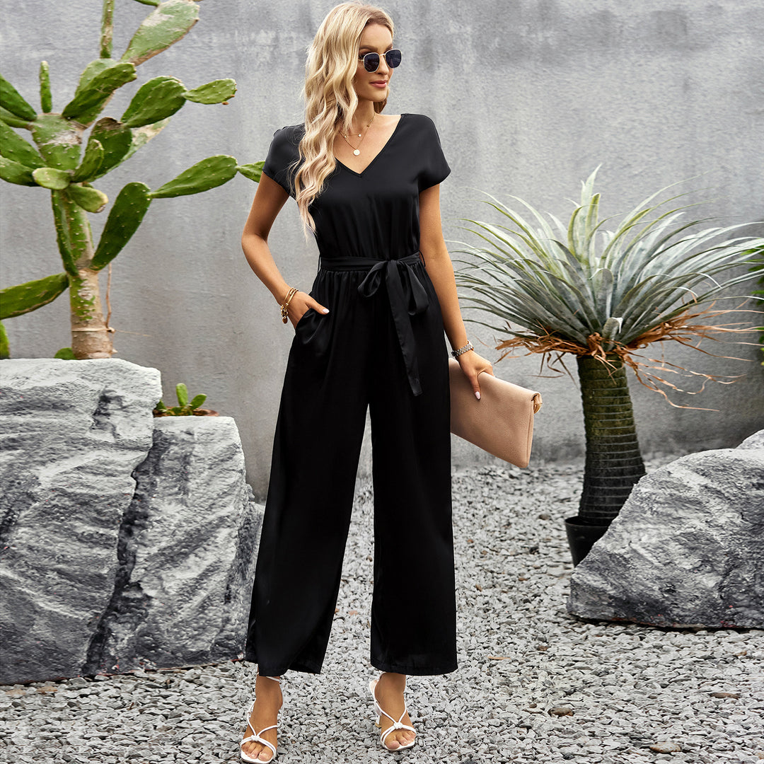 Damen Elegant geschnittener Jumpsuit mit weitem Bein und Taillengürtel Drune