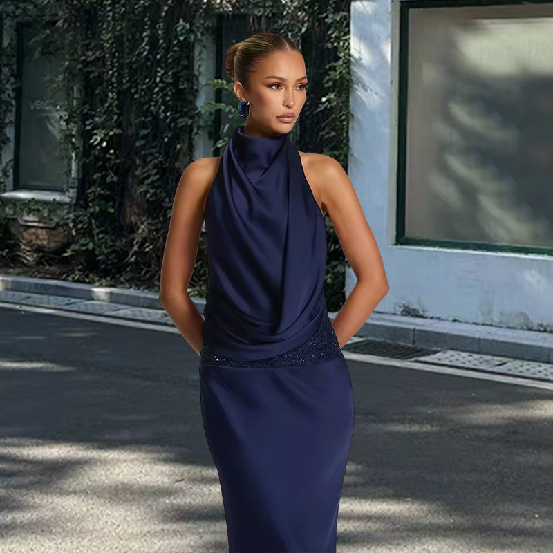 Damen elegantes Abendkleid mit tiefem Wasserfall-Ausschnitt und innovativer Drapierung Drune