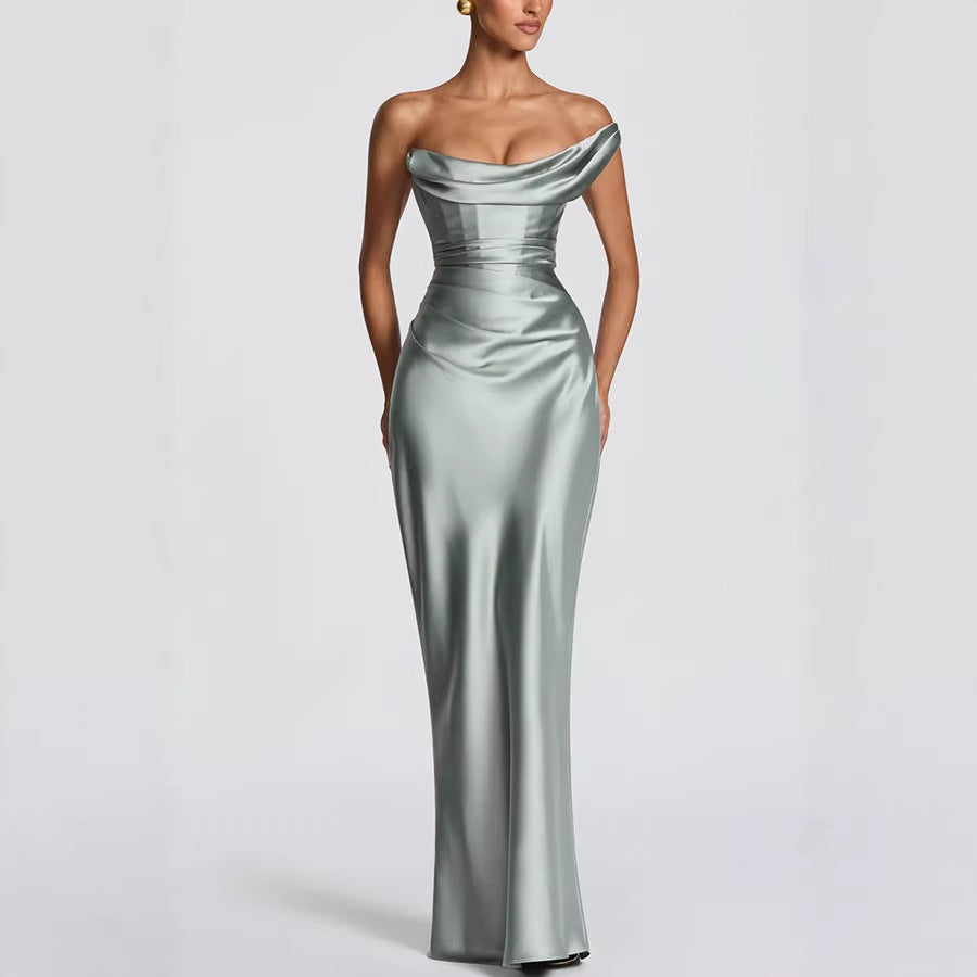 Damen Elegantes Maxikleid mit asymmetrischem Oberteil und fließendem Satin Drune