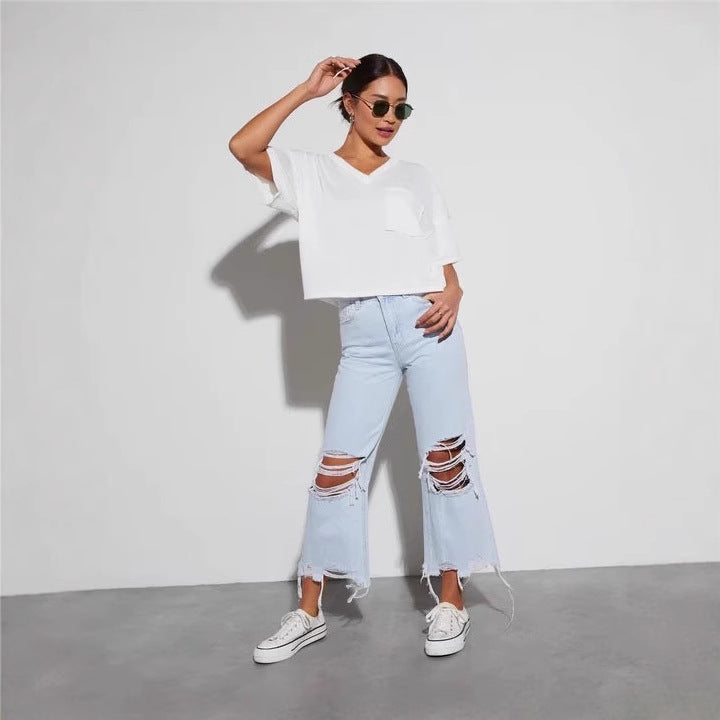 Damen lässige Boyfriend Jeans mit auffälligen Destroyed-Details und weitem Bein Drune