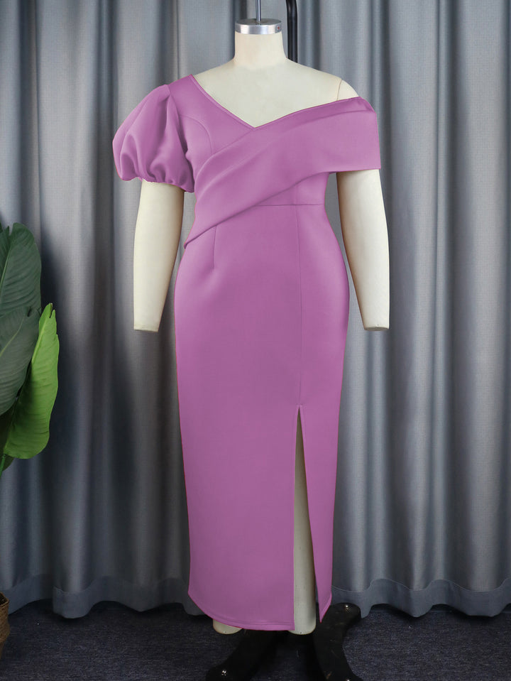 Damen Elegantes Maxikleid mit asymmetrischem Ausschnitt und voluminösen Puffärmeln Drune
