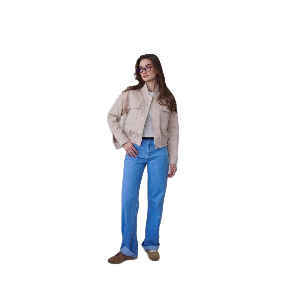 Damen modische Kurzjacke mit praktischen Taschen und coolem Kragen Drune