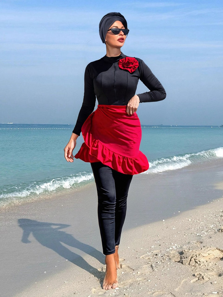 Damen Modischer Badeanzug mit Rock und Langarm Drune