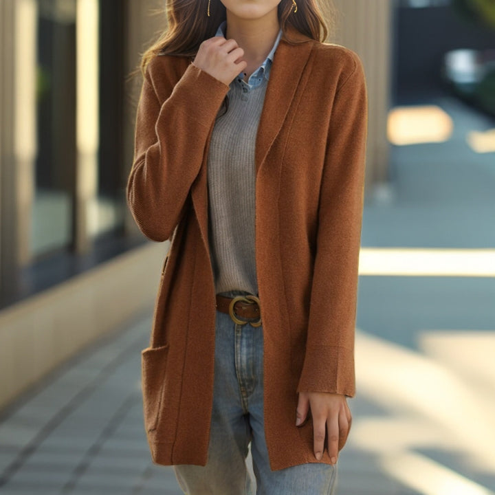 Damen Kuscheliger Strickmantel mit offenem Schnitt und praktischen Taschen Drune