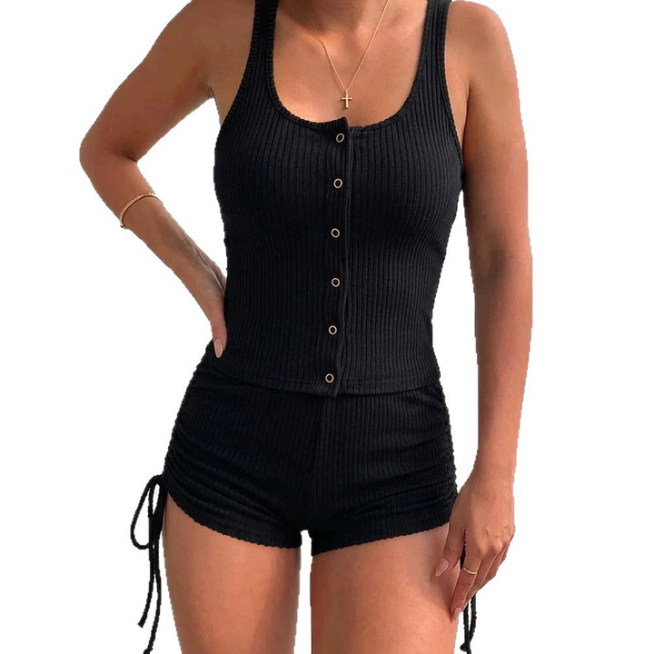 Damen Sportliches Bustier-Shorts-Set mit dekorativen Knöpfen und raffinierten Binde-Details Drune