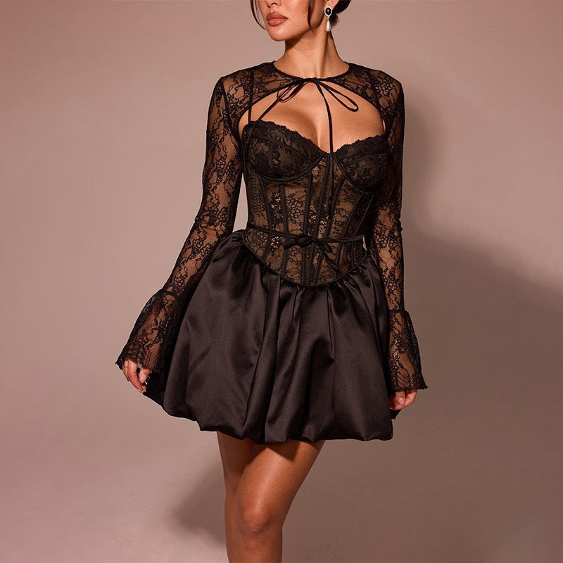 Damen Elegantes Spitzen-Minikleid mit schnürbarem Oberteil Drune