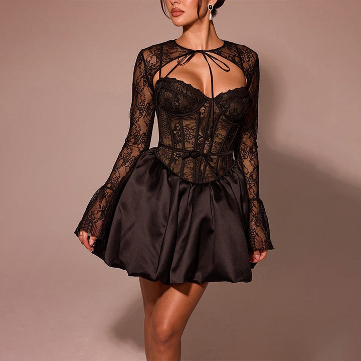 Damen Elegantes Spitzen-Minikleid mit schnürbarem Oberteil Drune