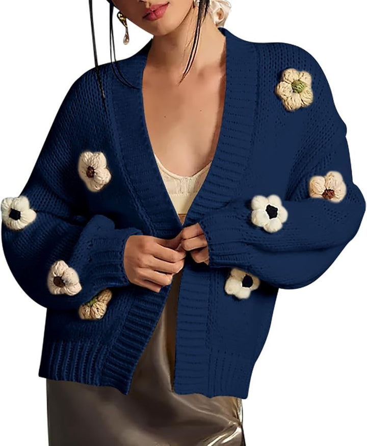 Damen Strickjacke mit Blumenapplikationen Drune