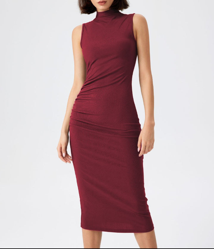 Damen elegantes Midi-Kleid mit figurbetontem Schnitt und hohem Kragen Drune