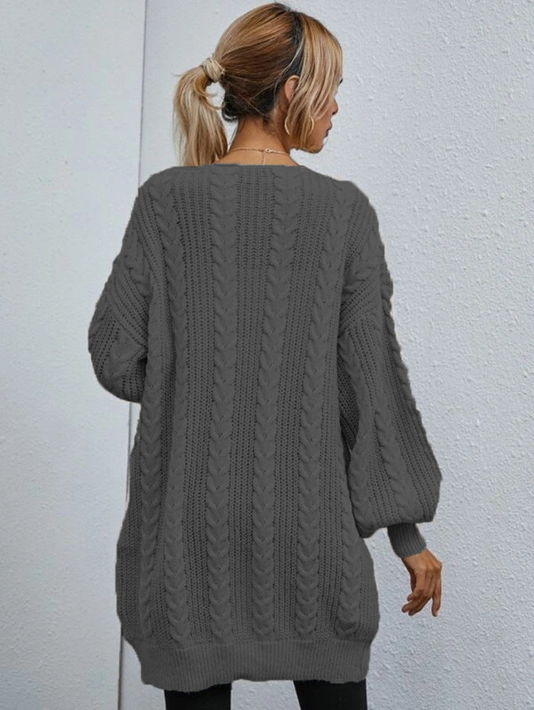 Damen Grobstrickcardigan mit tiefem V-Ausschnitt und voluminösen Ärmeln Drune