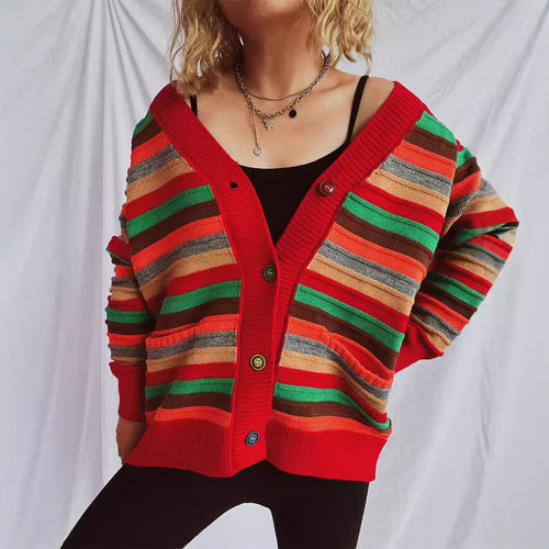 Damen Strickjacke mit buntem Streifenmuster und knöpfbarem Design Drune