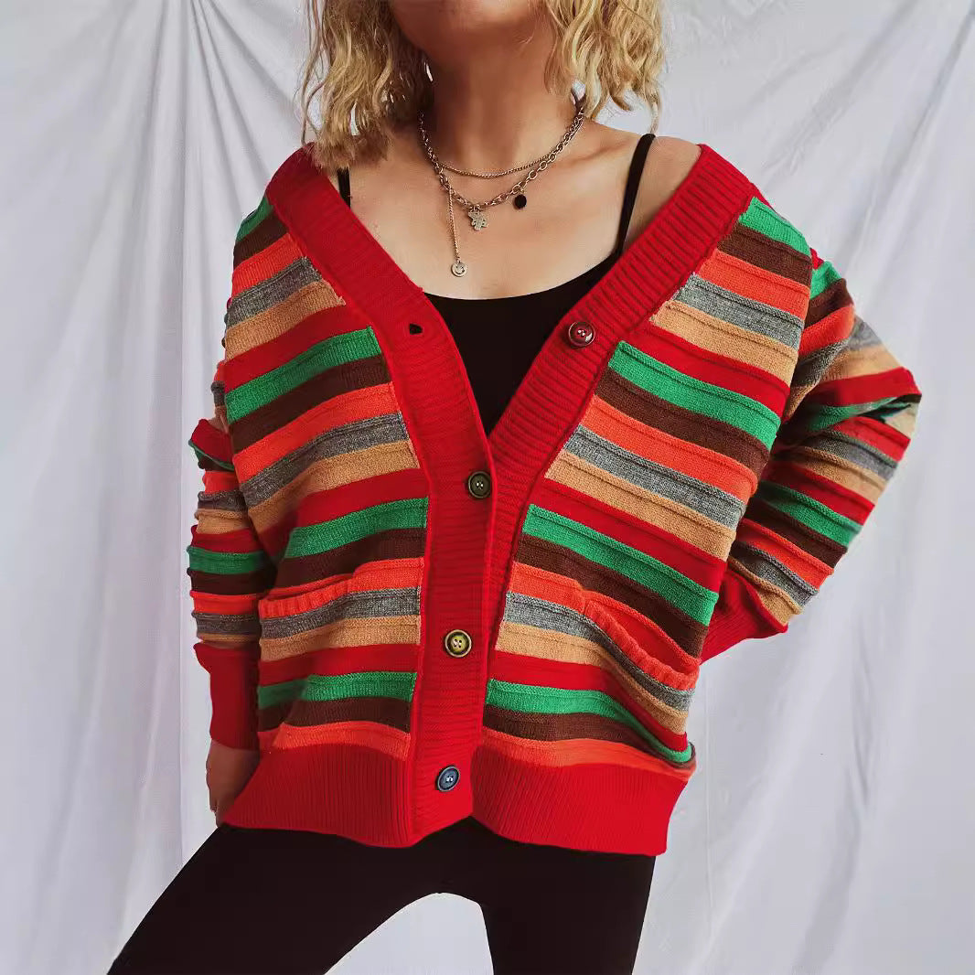 Damen lässige Strickjacke mit buntem Streifenmuster und lockerer Passform Drune