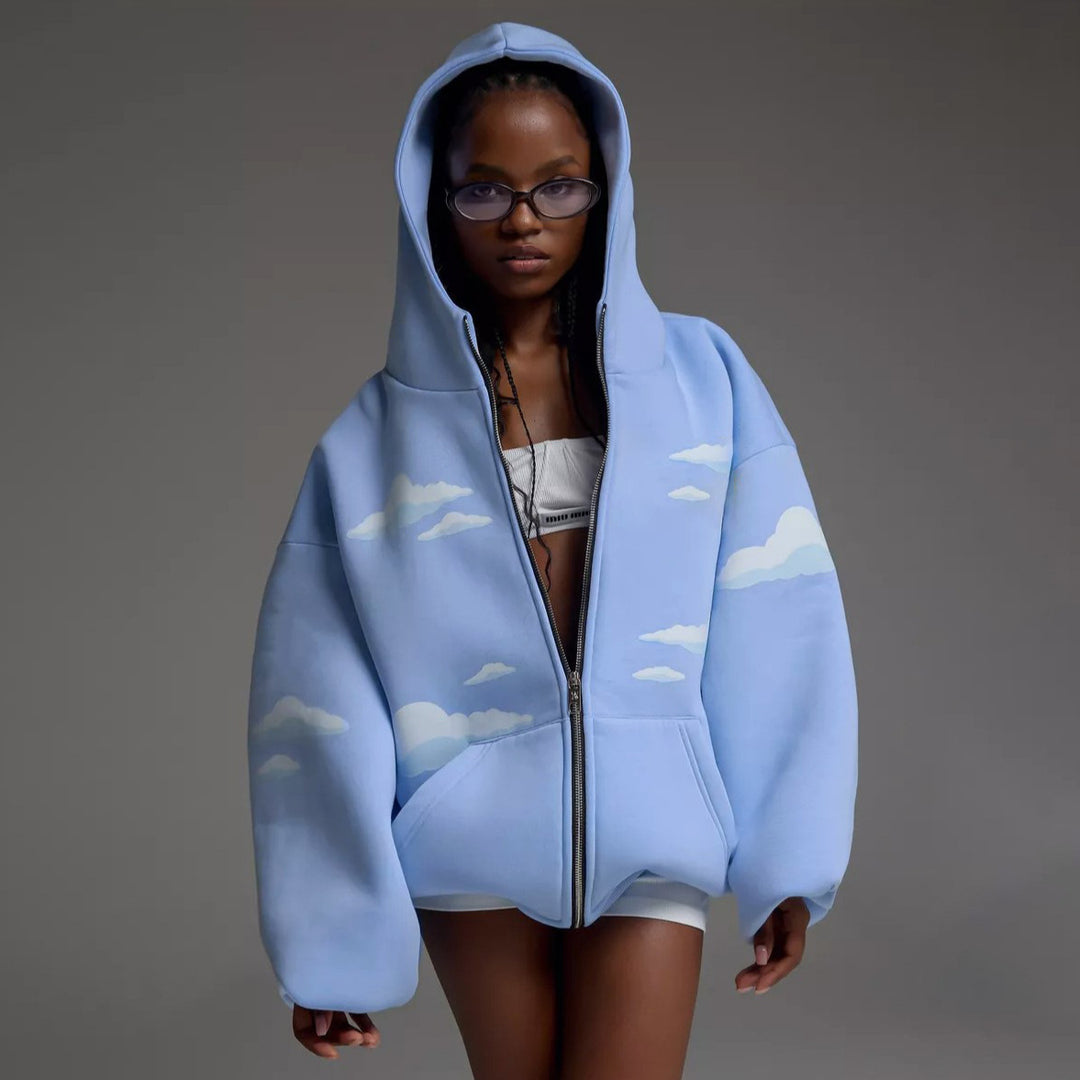 Damen Oversized Kapuzenjacke mit luftigen Wolkenmotiven Drune