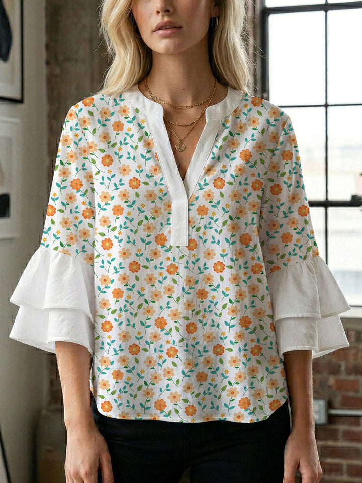 Damen Blusenshirt mit voluminösen Ärmeln und kreativem Druckdesign Drune