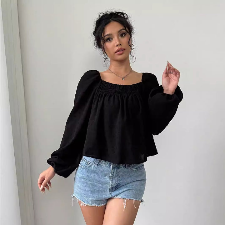Damen elegante Bluse mit luftigen Puffärmeln und strukturierter Oberfläche Drune