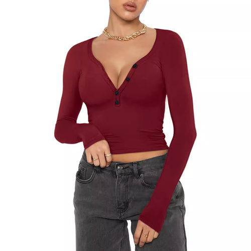 Damen Langarmshirt mit V-Ausschnitt und Knopfdetails Drune
