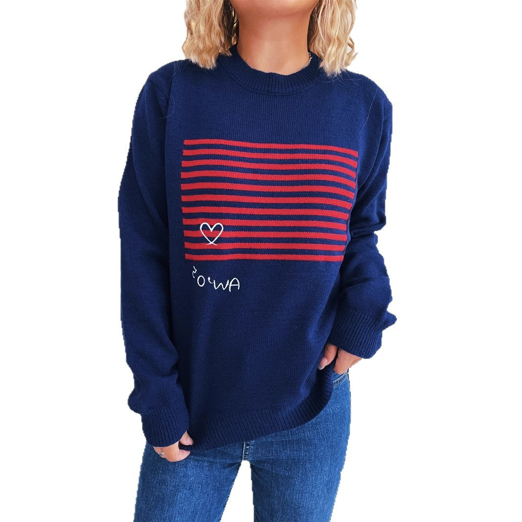 Damen lässiger Pullover mit gestreiftem Design und Herzapplikation Drune