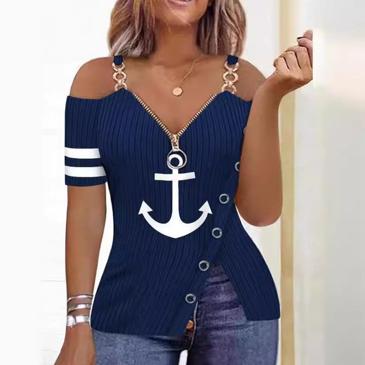 Damen Off-Shoulder Oberteil mit maritimem Motiv und dekorativen Knöpfen Drune