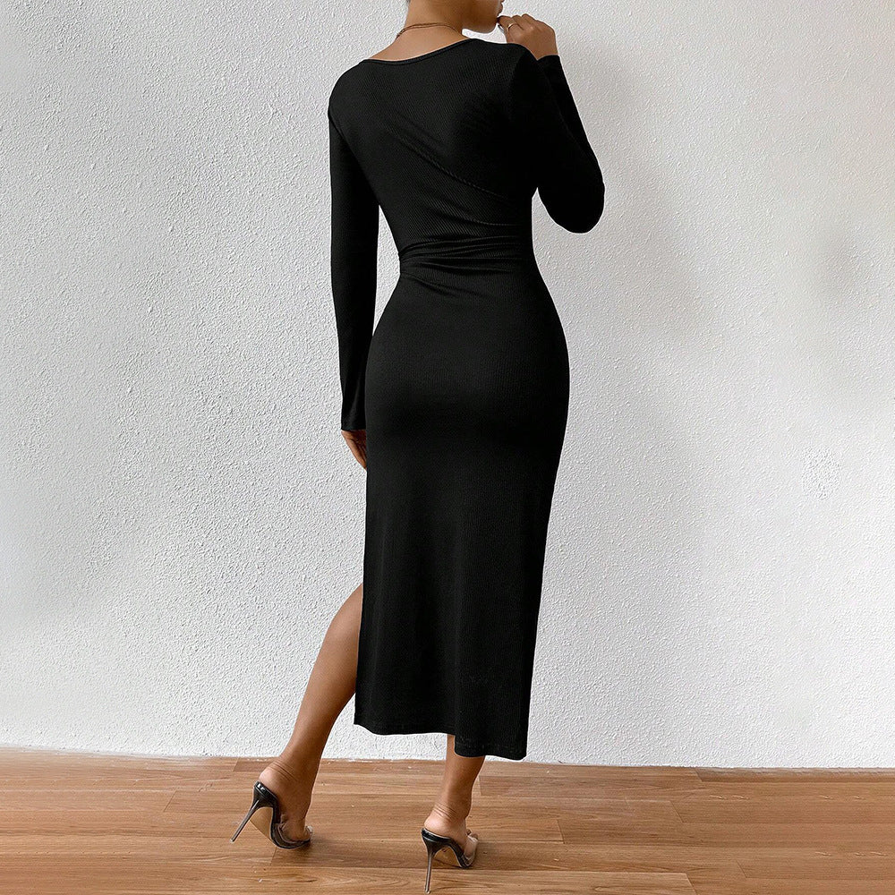 Damen Langarm-Rippkleid mit flexibel einstellbarem Kordelzug Drune